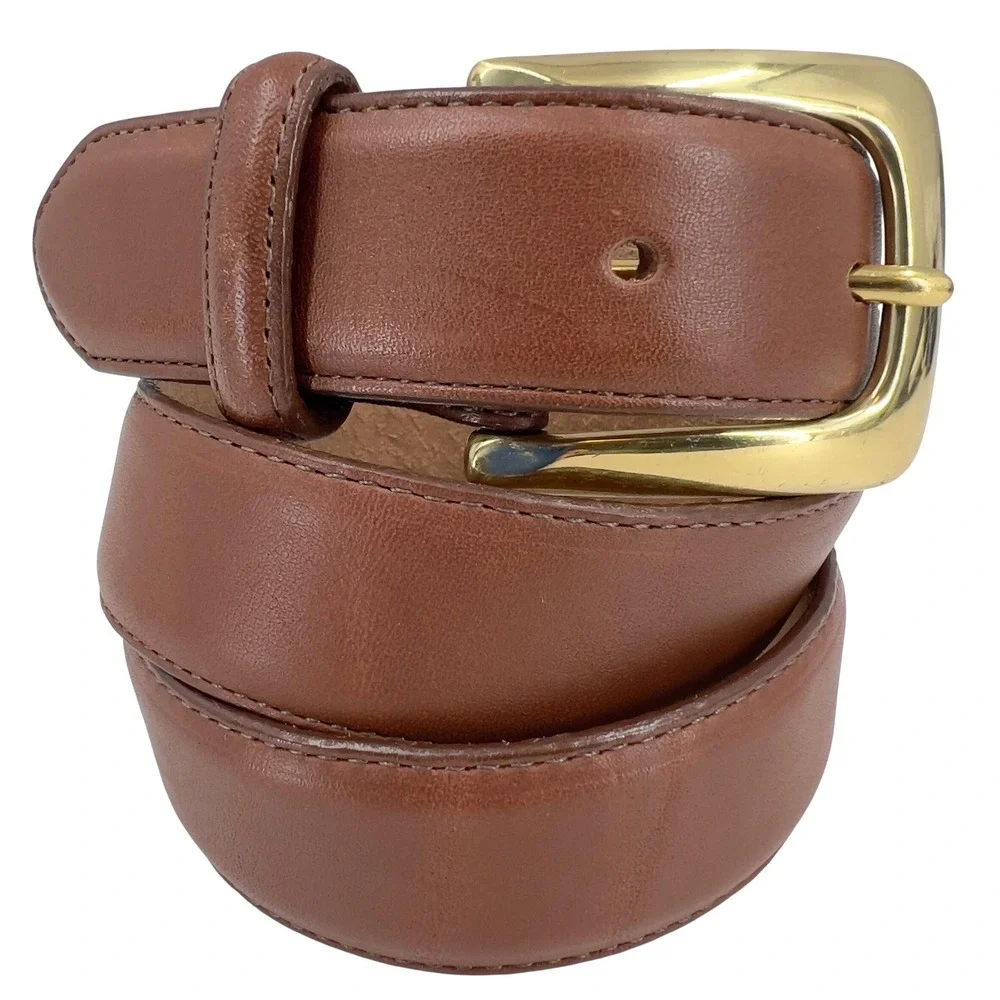 Lands End Mens Brown Leather Belt Solid Brass Buckle Made in‎ USA Size 30